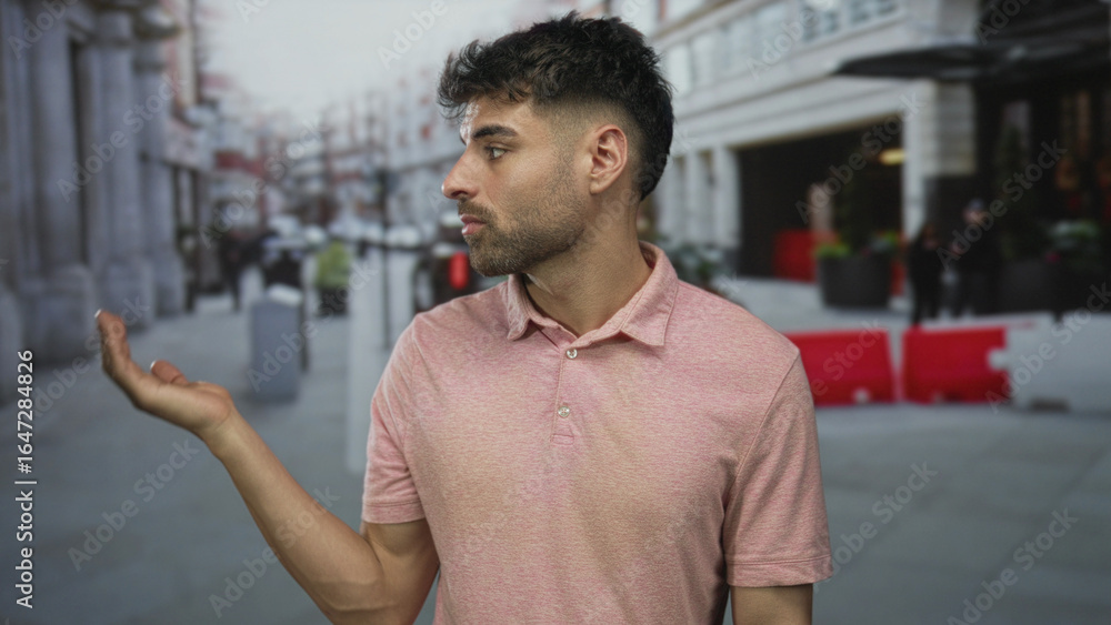Obraz premium Man in pink polo shirt extends bare palm to side on city street with blurred building facades in view; uncertainty.