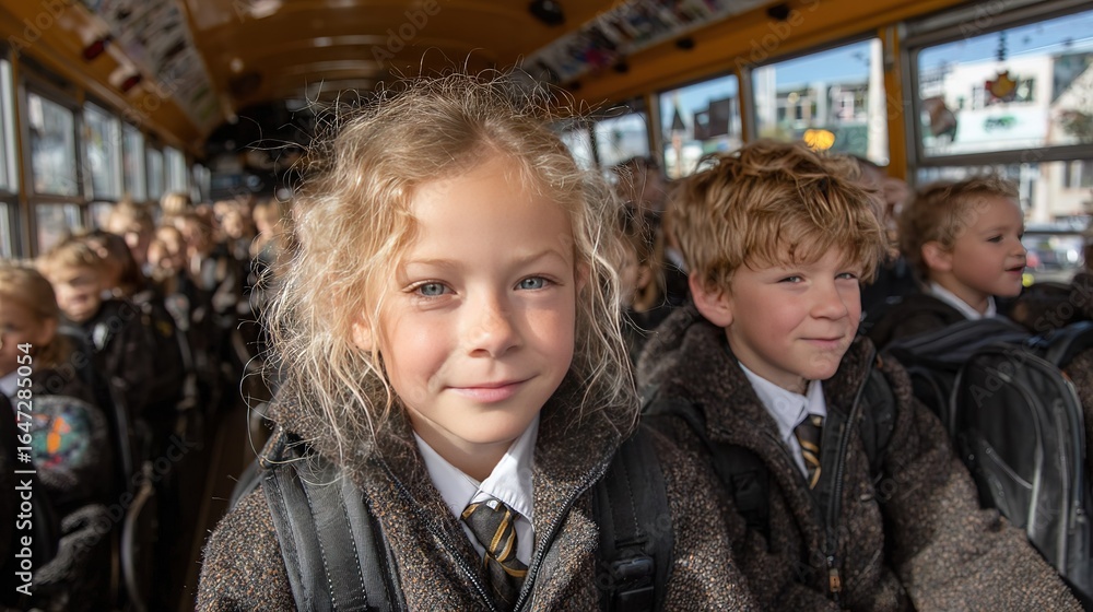 Fototapeta premium Elementary Students Singing on School Bus