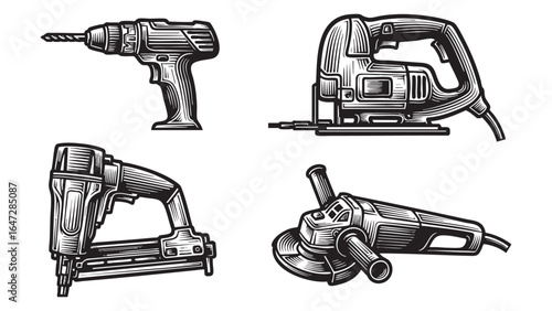 Woodworking Tools Equipment Drill Jigsaw Stapler Grinder Vector Illustration Black and silhouette