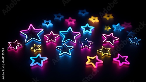 Radiant Starry Array on Black Background A Festive Neon Galaxy Celebration with Colorful Glowing Shapes for Holiday and Event Designs