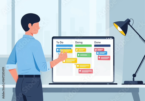 Businessman managing tasks on a Kanban board for agile project management and workflow optimization.