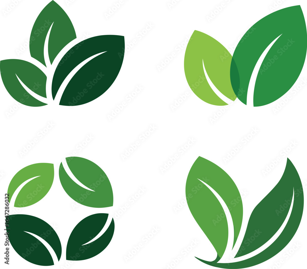 Naklejka premium Set of green leaf logos—stylized eco icons for nature, organic, wellness, and environmental branding in vector format