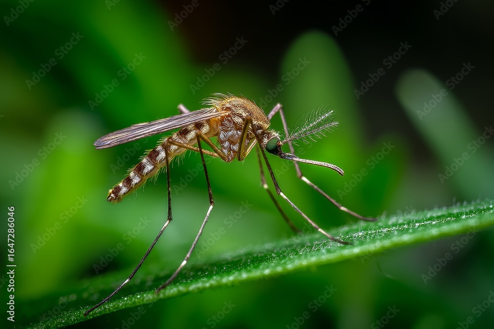 Macro close-up of mosquito with intricate wing and leg details against green leafy background.
Macro close-up of mosquito with intricate wing and leg details against green leafy background.