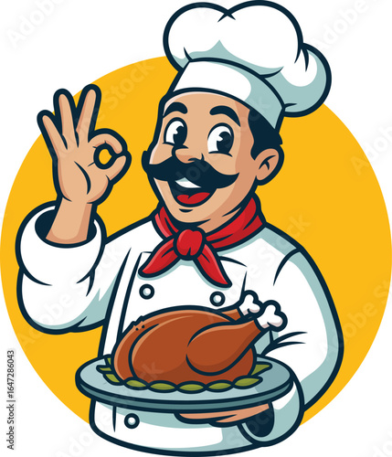 chef, cartoon, turkey, roasted, food, cooking, culinary, Cartoon chef with roasted turkey and OK gesture—culinary character in white uniform and red scarf on yellow circle background
