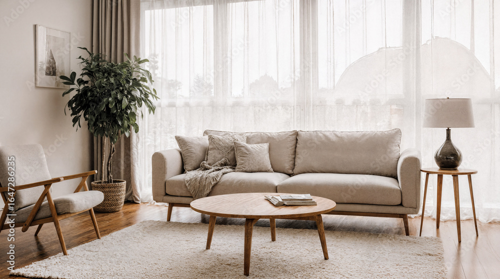 Fototapeta premium Modern minimalist living room with neutral palette, floor-to-ceiling windows, soft natural light, and Scandinavian-inspired furniture arrangement for cozy yet spacious home interior photography