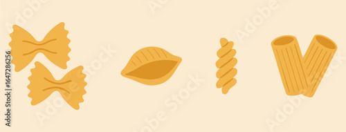 Assorted pasta shapes farfalle conchiglie rotini and rigatoni
