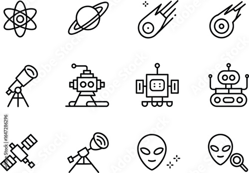 Space and robotics icon set with atom, planets, comets, telescopes, satellites, and robots in black line style