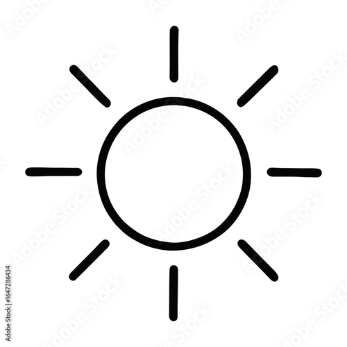Black outline sun icon with rays, simple weather symbol for sunlight, summer or heat