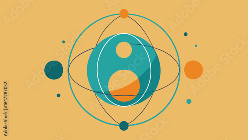 Abstract Atomic Structure with Orbiting Planets on Orange Background science technology