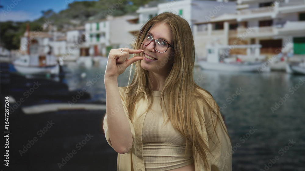 Fototapeta premium Woman with blonde hair pinches fingers near face at sunny seaside port with boats; tiny measurement.
