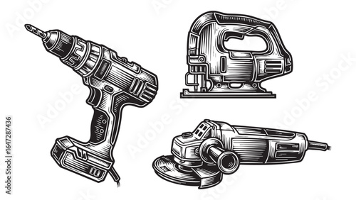 Engraved Power Tools Drill Jigsaw Grinder Woodworking Metalwork Construction Tools silhouette