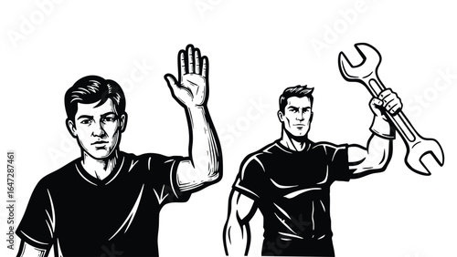 Illustrative men greeting mechanic worker silhouette construction labor manpower service trade