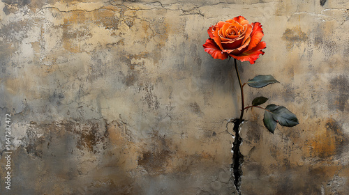 A vibrant orange rose emerges from a crack in a textured, weathered wall, symbolizing resilience and beauty found in unexpected places.