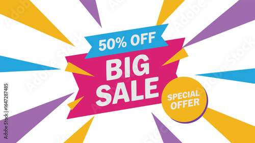 Bold Big Sale Announcement 50% Off with Special Offer, Featuring Dynamic Geometric Background Design