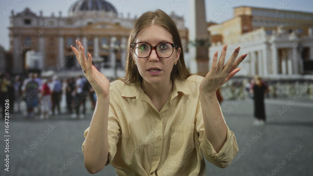 Fototapeta premium Woman with blonde hair and glasses raises both hands beside her face in front of a historic building in vatican square; surprise.