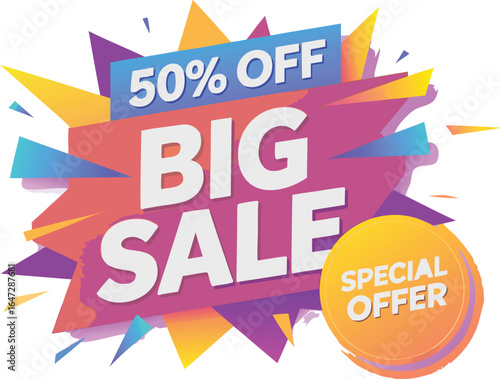 Colorful Big Sale Design with 50% Off and Special Offer Badge on Light Background