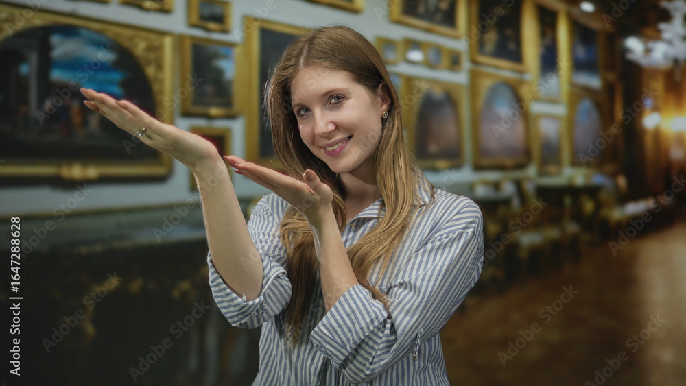 Fototapeta premium Young blonde woman with outstretched hands gesturing in ornate museum gallery under warm lighting; serene reflection.