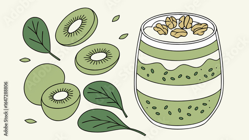 Delicious kiwi smoothie recipe illustration with spinach leaves and walnuts for healthy eating diet