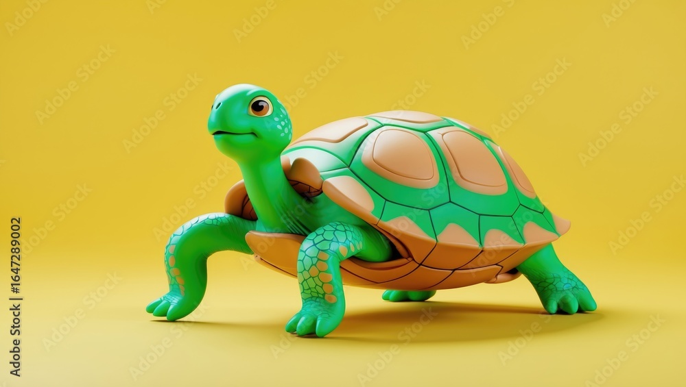 Obraz premium Colorful turtle toy with green shell and orange accents on a yellow background.