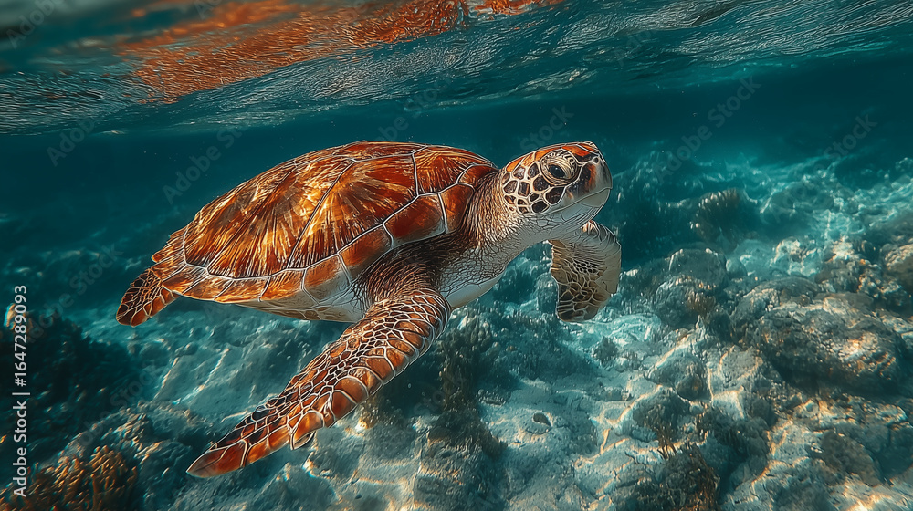 Fototapeta premium Orange turle is underwater.
