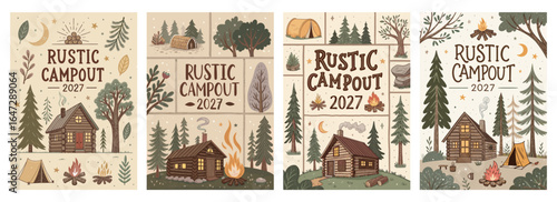 Charming rustic camp scenes featuring cozy cabins, nature elements, and campfires, perfect for outdoor enthusiasts.