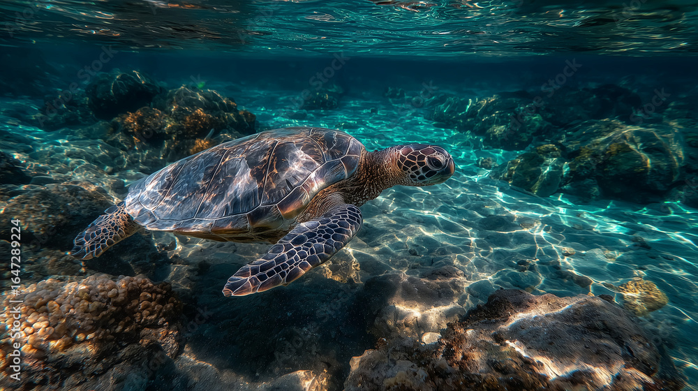 Obraz premium A mini turtle floating underwater.