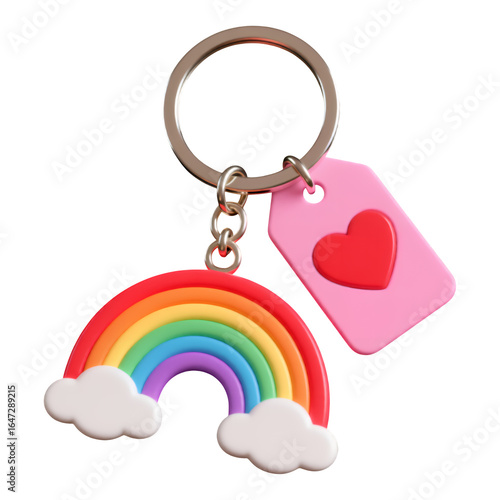 Bright Rainbow Charm with Clouds, Pink Heart Tag, 3D Realism Keychain Asset on Transparent Background