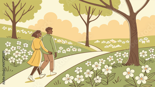 Couple walking in spring park illustration, romantic walk, outdoor recreation, nature scene, love story