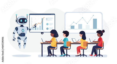 Robot Teaching Children with Technology Illustration