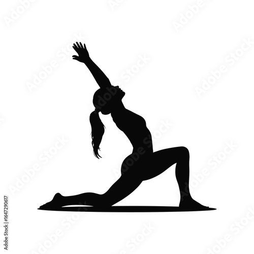 Silhouette of a woman performing a graceful yoga pose on a white background