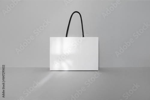 White shopping bag with black handles on sleek grey surface for branding mockup