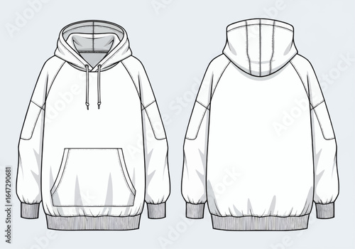 Front and back view of a white hoodie with a kangaroo pocket and drawstring hood, isolated on a light background.
