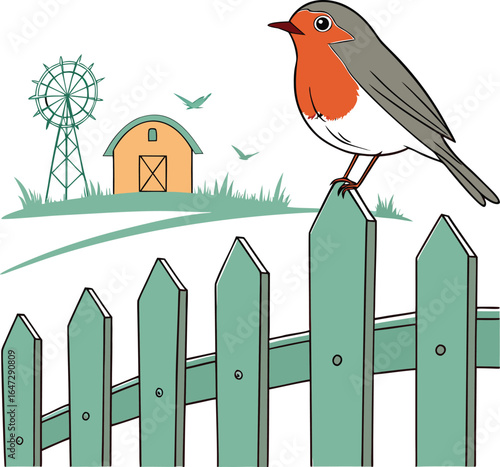 A charming vector illustration of a robin perched on a white picket fence in a green yard with a blue sky