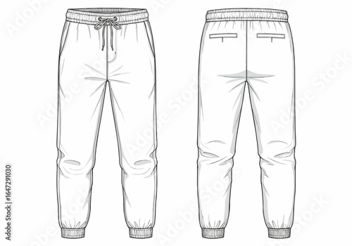 Front and back views of a detailed, monochromatic illustration of men's sweatpants.