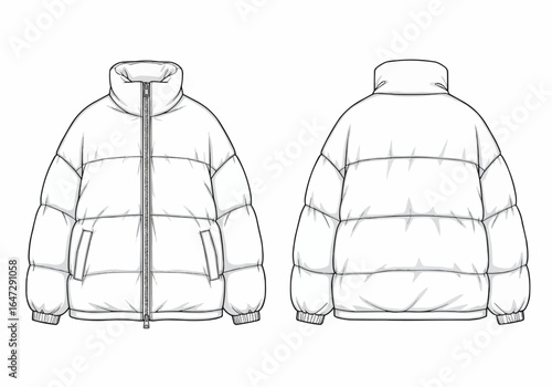 Technical drawing of a quilted puffer jacket, front and back views.