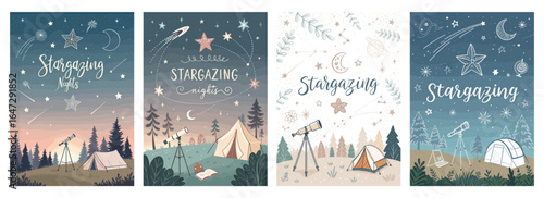 Illustration of four stargazing-themed designs featuring tents and telescopes in a serene night setting.