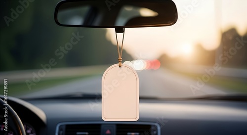 Blank beige car air freshener mockup hanging from rearview mirror, close-up shot with warm sunset light, inside a car on a
