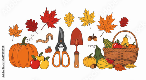 Autumn gardening tools with colorful fruits leaves and pumpkins displayed for seasonal harvest. Gardening tools include pruning shears and trowel amidst vibrant autumn leaves.