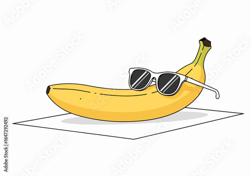 Playful banana sunbathing in trendy sunglasses on flat surface. Vibrant banana relaxing on white background signifies summer fun and leisure.