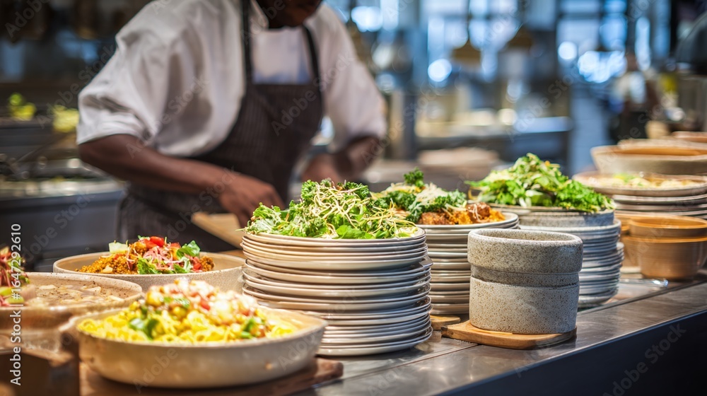 Obraz premium Delicious dishes await! A chef prepares vibrant, fresh salads and grain bowls in a bustling kitchen. A culinary masterpiece in the making.