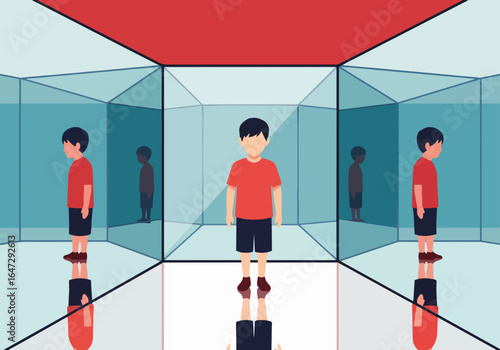 Boy standing in mirrored room with infinite reflections and colorful walls. Mirrored room showcases multiple reflections of boy creating an immersive experience.