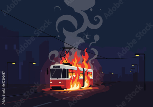 Burning tram on dark street with flames and smoke rising at night. An intense scene of burning tram surrounded by shadows and cityscape, illustrating urban chaos and emergency situations.
