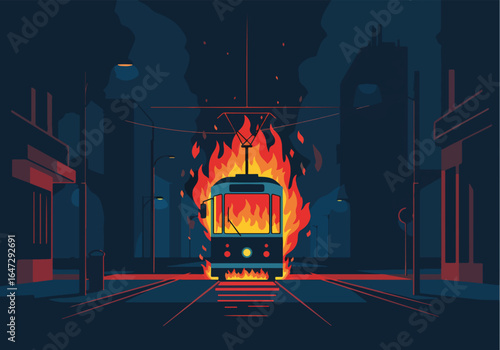 Dramatic night scene with burning tram engulfed in flames on street, illuminated buildings creating an atmospheric backdrop. Nighttime urban setting showcases dramatic event around burning tram.