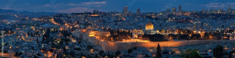 Fototapeta premium Jerusalem Night: Old City Skyline with Western Wall and Mosque at Sunset