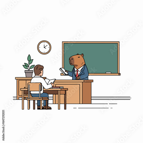 Capybara teacher in classroom with student and chalkboard discussing lesson. Classroom setup features minimalist design with furniture, clock, and plant.