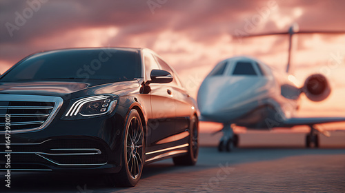 Luxury lifestyle showcased with a sleek car parked in front of a private jet, symbolizing success and affluence against a vibrant sunset backdrop.
