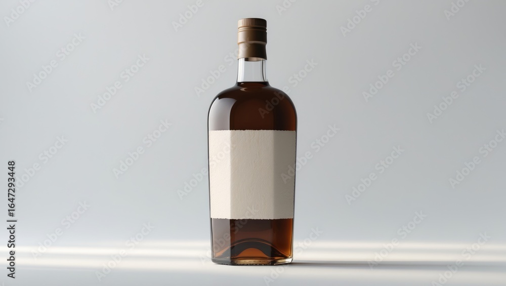 An empty brown glass bottle with a blank white label on a light background. An empty brown glass bottle with a blank white label on a light background.