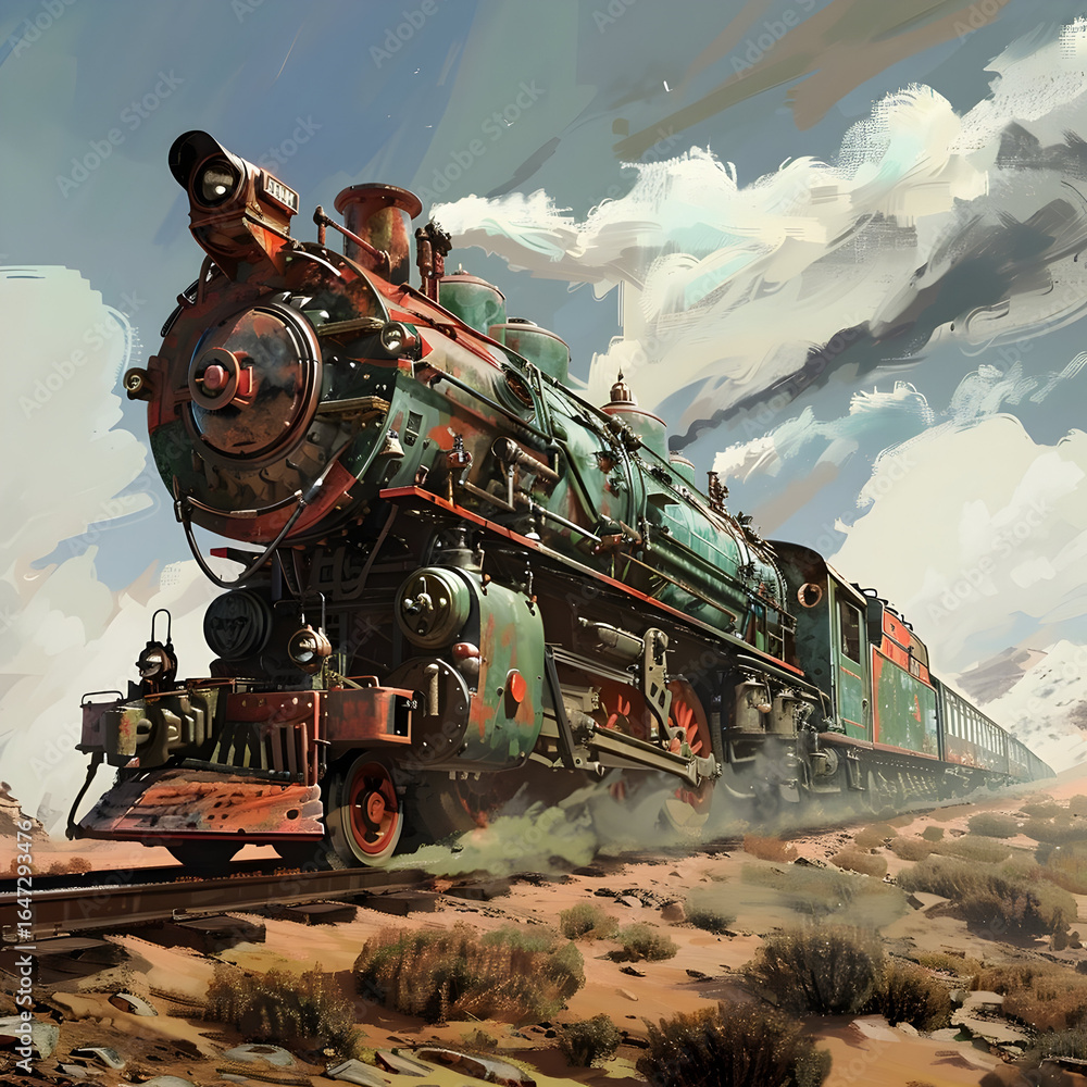 Obraz premium A stylized illustration of a steam train traveling through an open landscape under dramatic skies, symbolizing journey, progress, and adventure for cinematic and storytelling videos.
