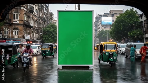 Busy street scene with green billboard and auto rickshaws in India on a wet day
