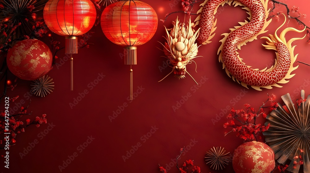 Obraz premium Red Chinese New Year with Traditional Lanterns and Dragon